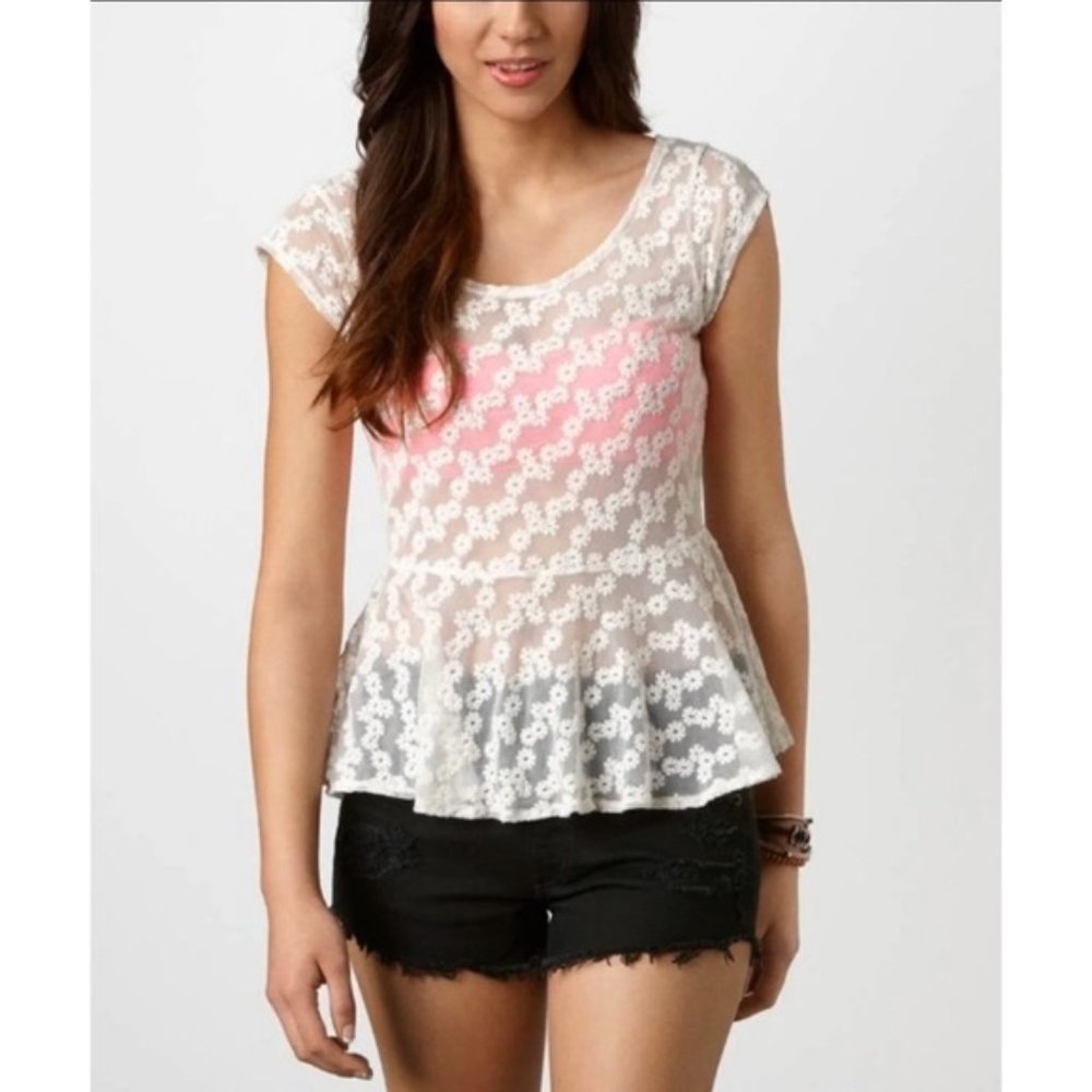 American Eagle Peplum Top White Lace Embroidered Floral Sheer